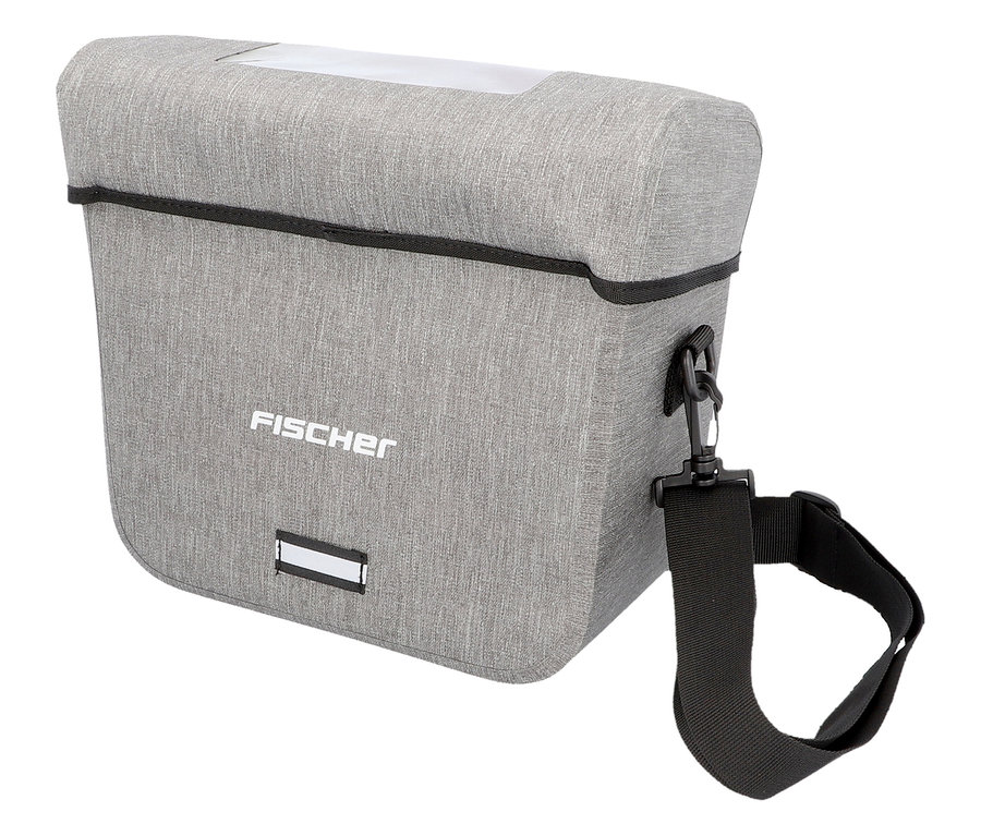 Graue FISCHER Lenkertasche PLUS Cita mit schwarzem Tragegurt und transparentem Fach oben.