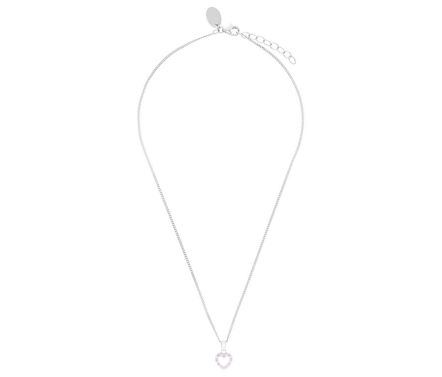 Silberne Halskette mit einem herzförmigen Anhänger mit rosa Details.
