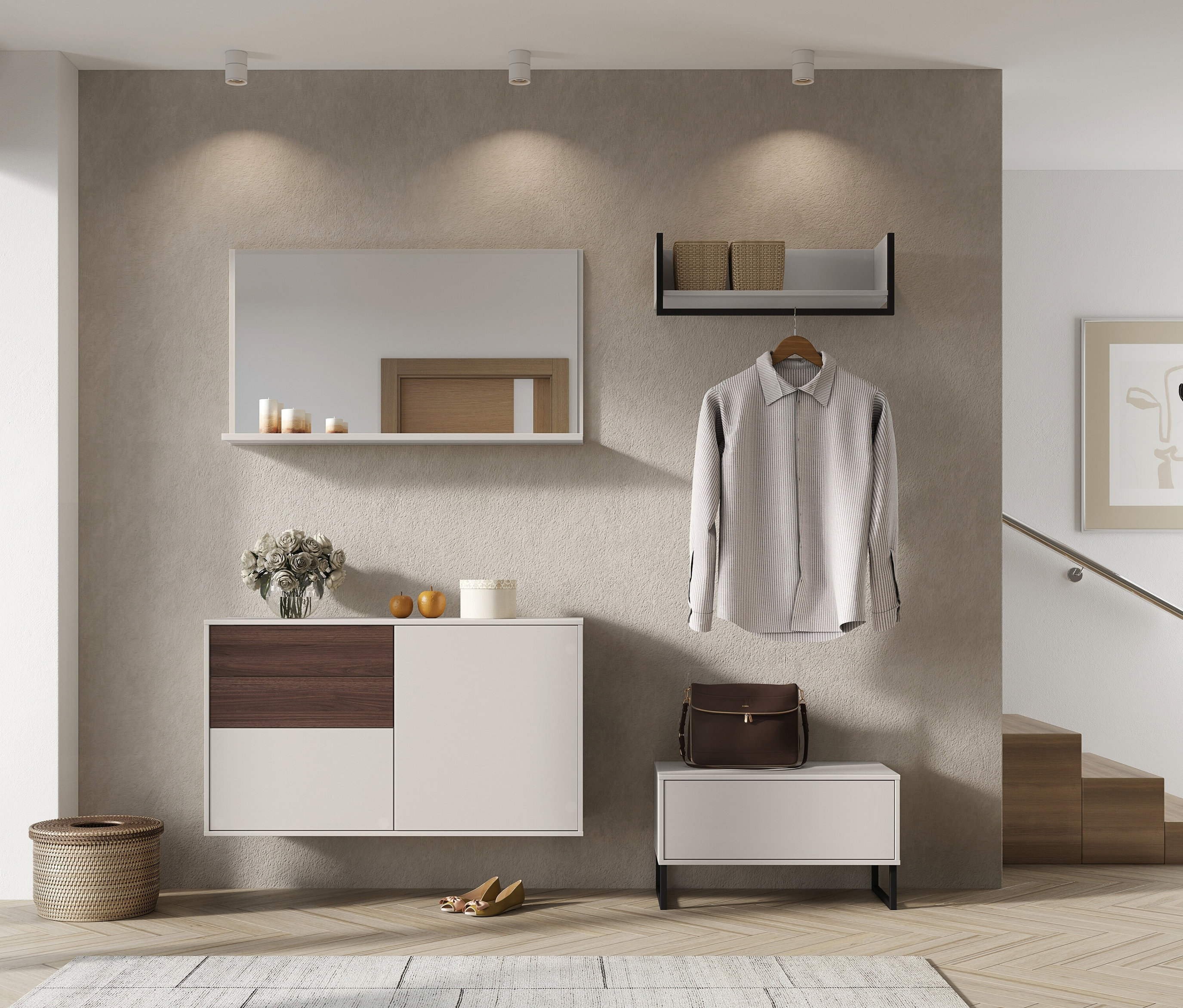 Flur mit Spiegel »Madeo«, Kommode, Hemd an der Wand und Deko.