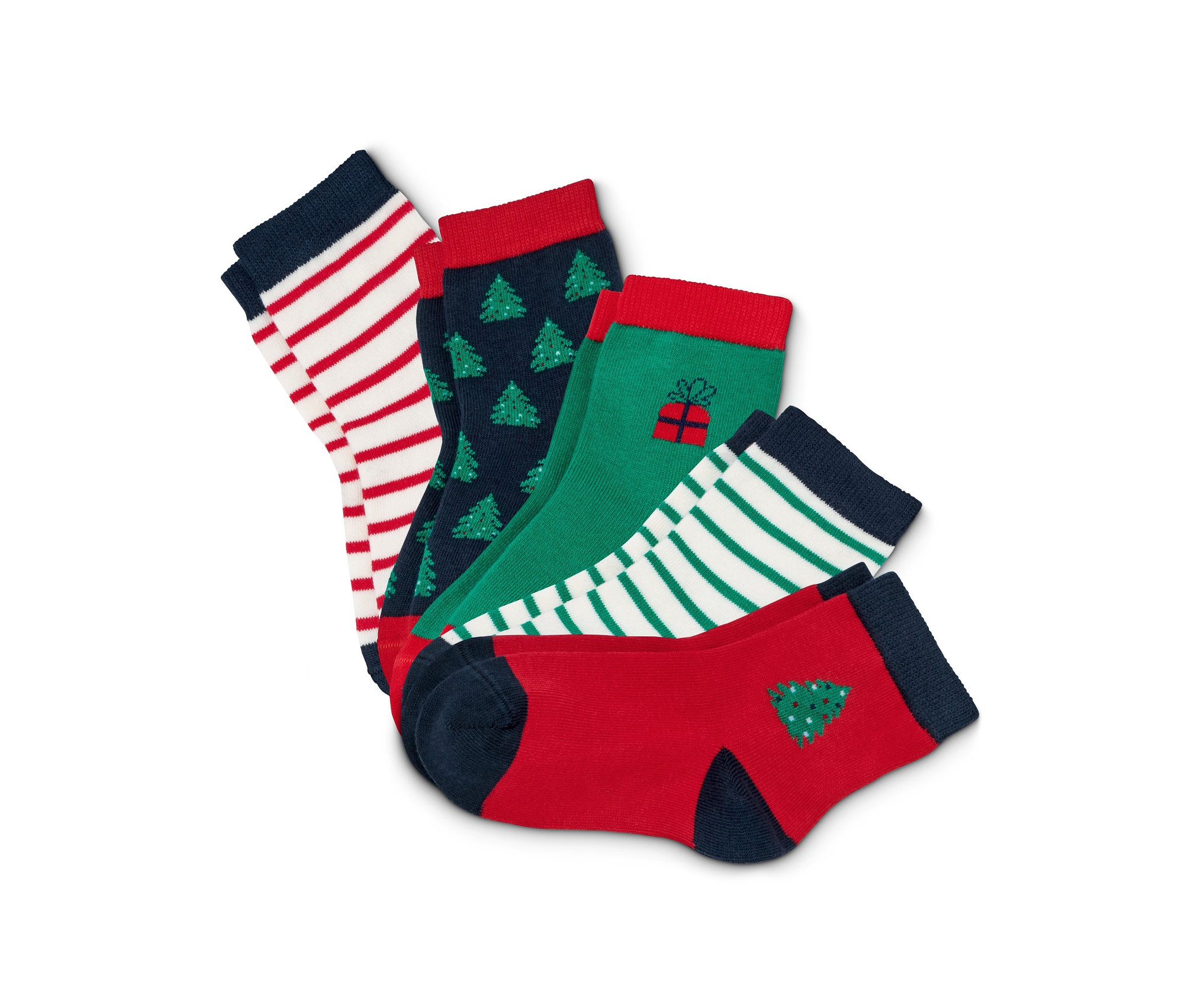 Fünf Paar Socken aus Bio-Baumwolle mit Weihnachtsmotiven.