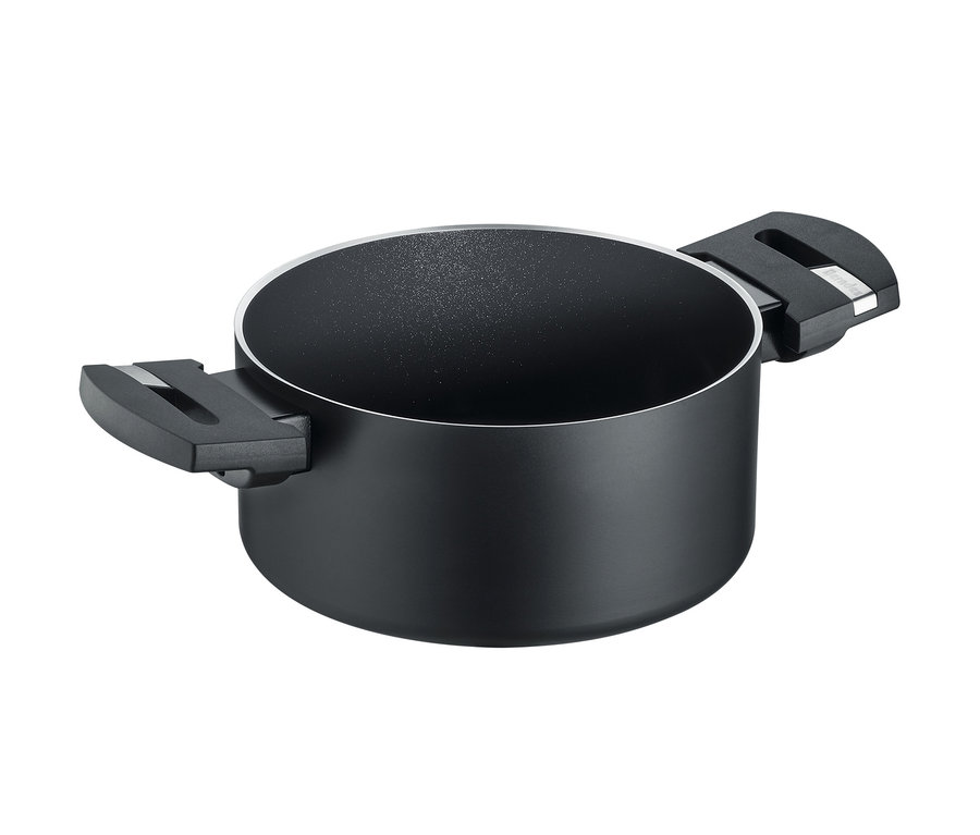 Schwarzer Kochtopf mit Griffen.