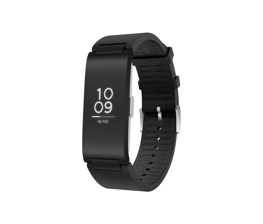 Detailansicht des schwarzen Withings-Fitnesstrackers »Pulse HR« mit einer Anzeige, die 10:09 Uhr und das Datum 08. Februar anzeigt.