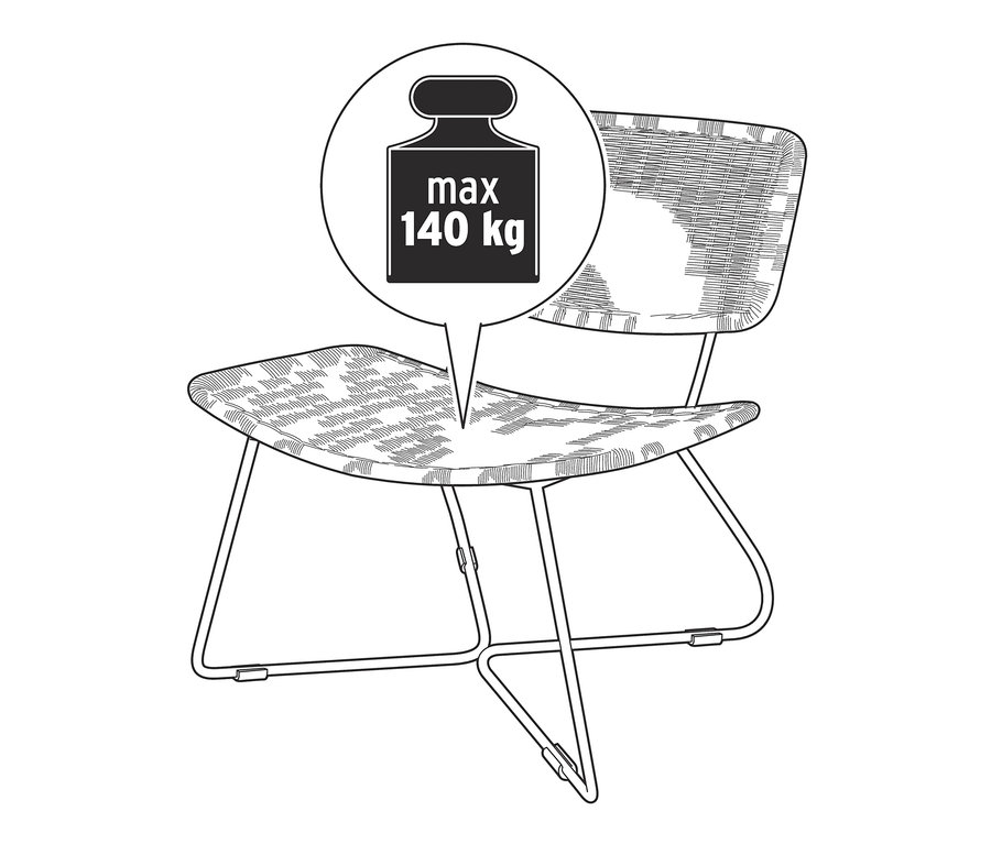 Zeichnung eines Design-Loungesessels mit Polyrattangeflecht und einer maximalen Belastbarkeit von 140 kg.