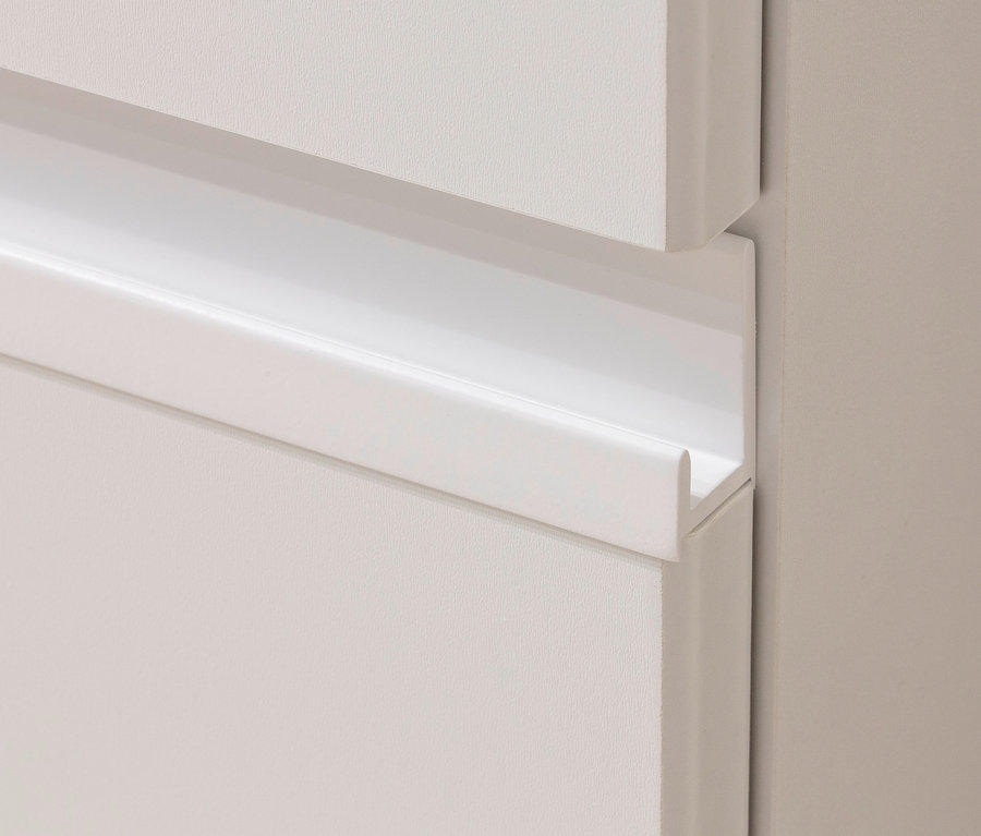 Detail einer weißen Kommode mit zwei Schubladen.