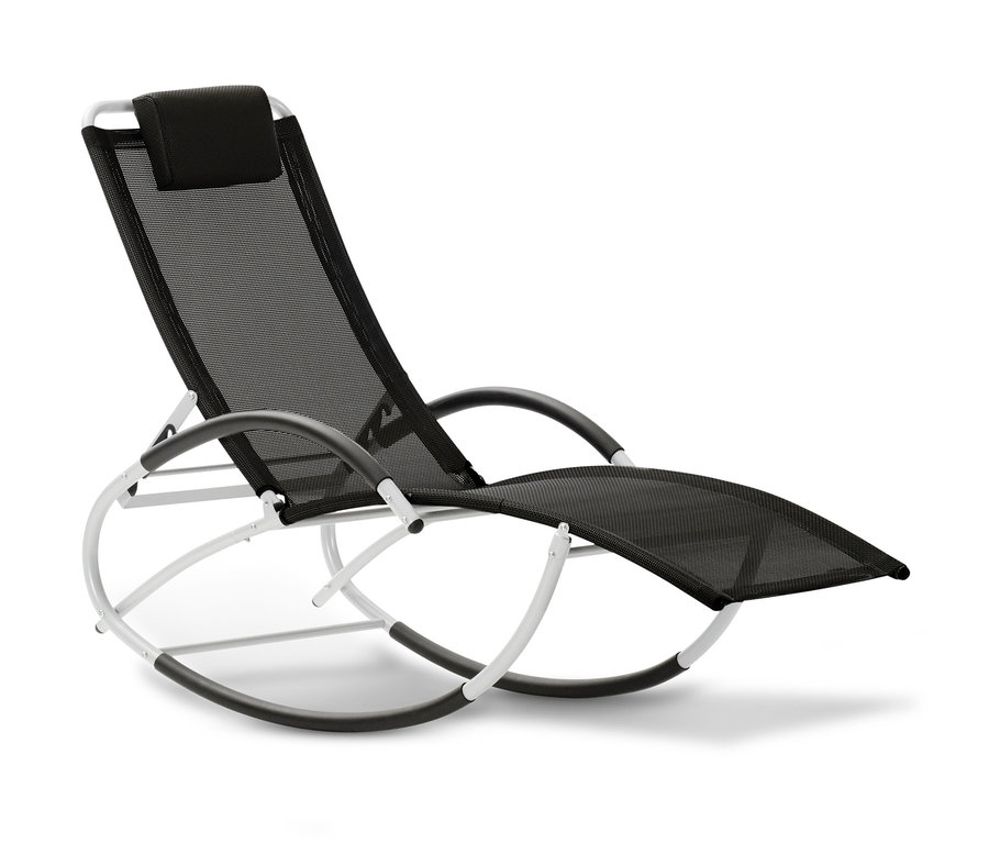 Anthrazitfarbene Schaukelliege mit verstellbarer Rueckenlehne.