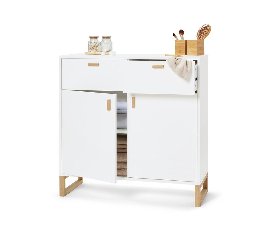 Weißes Sideboard mit 2 Schubladen und 2 Türen, eine Tür ist offen.