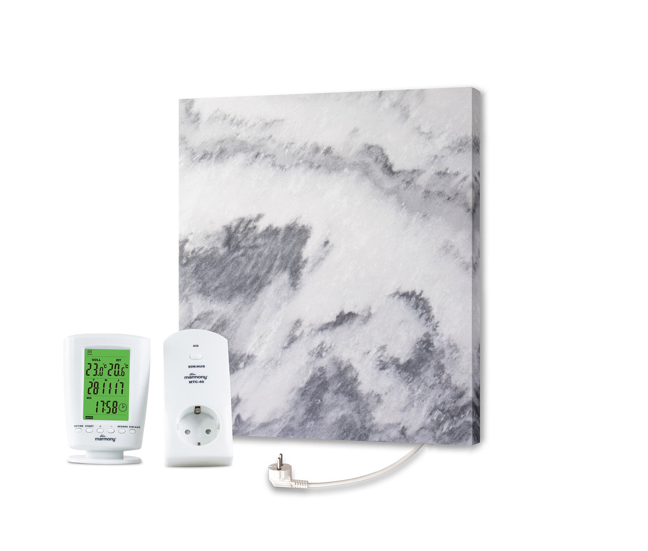 Marmony®-Infrarotheizkörper »Carrara-Optik C 480«, 500 Watt, neben Steckdose und Thermostat.