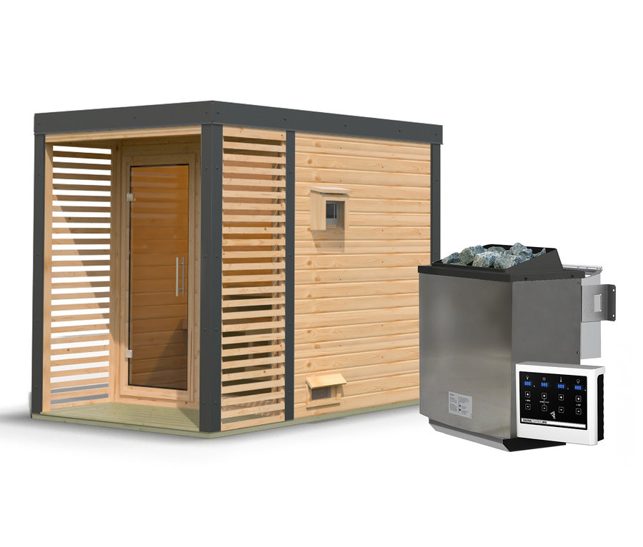 Foto des Karibu Saunahauses »Alice 1« in Naturfarben-Anthrazit.