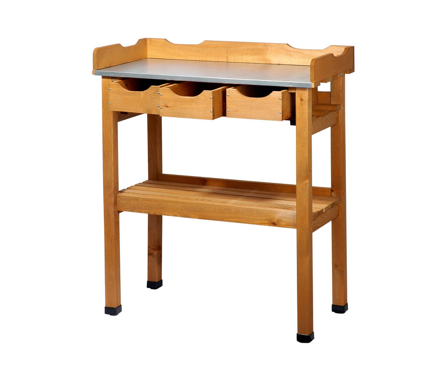 Freistehender Pflanztisch mit Schubladen und Metallplatte.