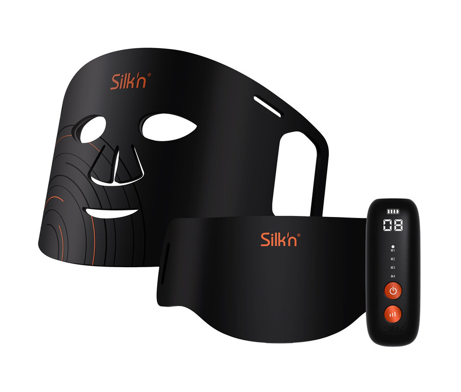 Schwarze Silk'n Dual-LED-Set Gesichts- und Halsmaske mit Bedienfeld auf weißem Hintergrund.
