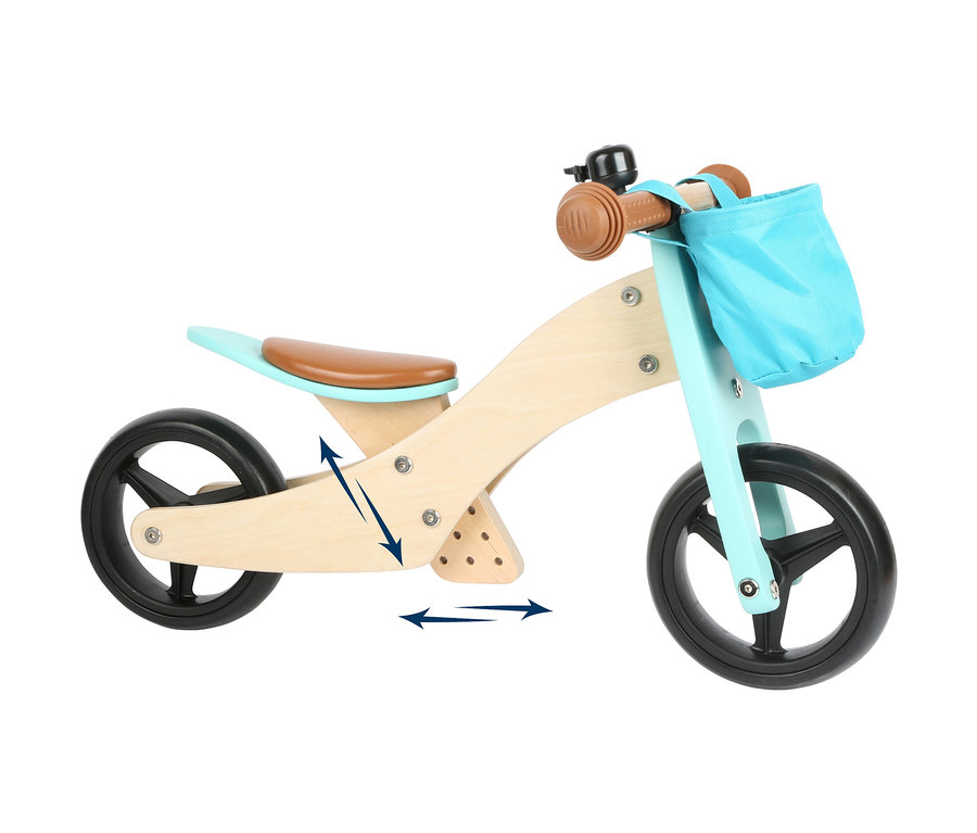 Nahaufnahme des türkisfarbenen small foot Laufrad-und-Dreirads »Trike« mit braunem Sitz und schwarzen Rädern.