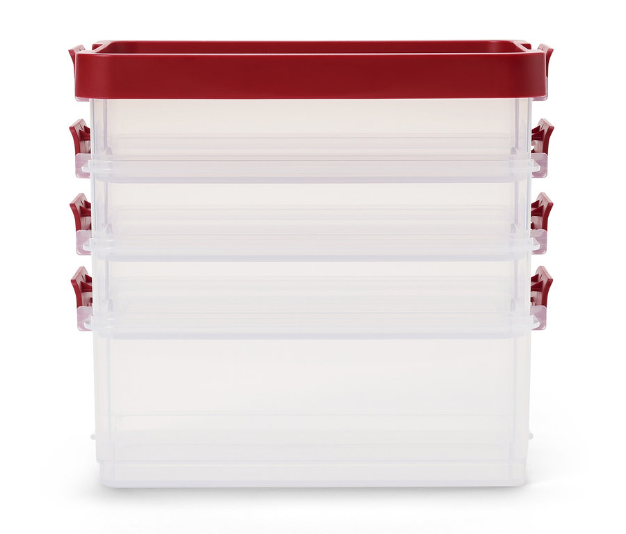 Stapel aus drei leeren, durchsichtigen Plastikaufbewahrungsboxen mit Deckel und roten Schnappverschlüssen.