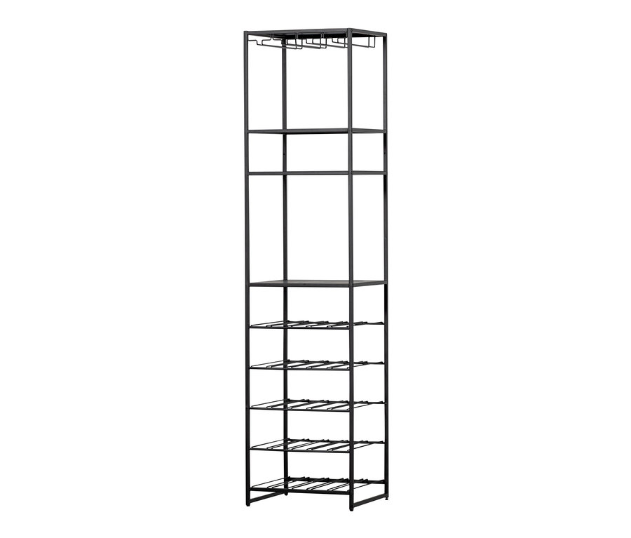 Schwarzes Woood Regal »Reese« aus Metall mit Regalböden und Gläserhalterungen.