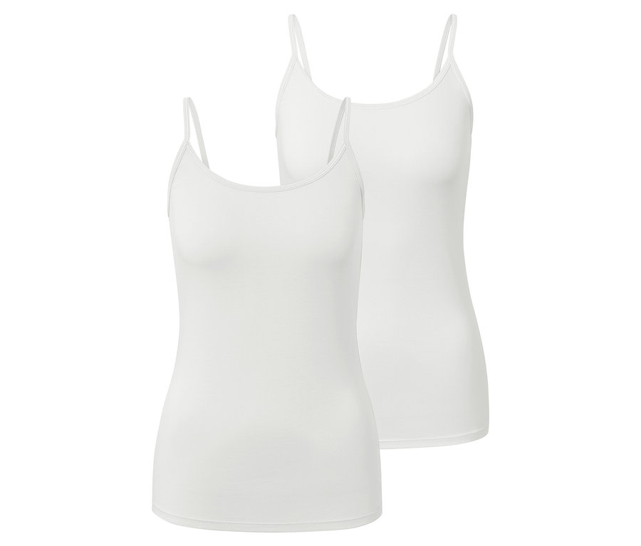 Zwei weiße Spaghetti-Hemdchen liegen übereinander.