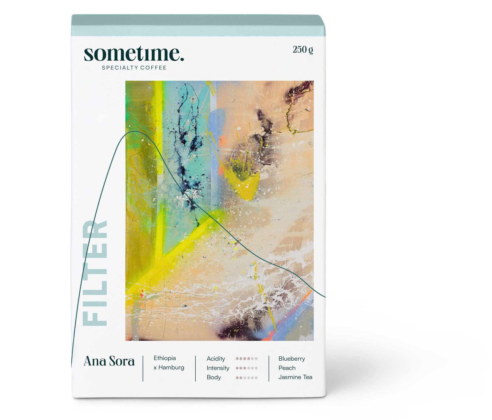 Nahaufnahme einer Packung sometime - ANA SORA Filterkaffee - 250 g Ganze Bohne.