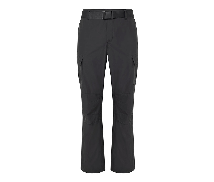 Schwarze Outdoorhose mit Moskito-Schutz und Gürtel.