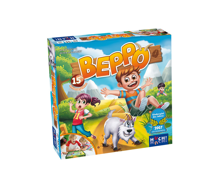 Verpackung des Spiels »Beppo« mit Abbildungen von Kindern und Tieren.