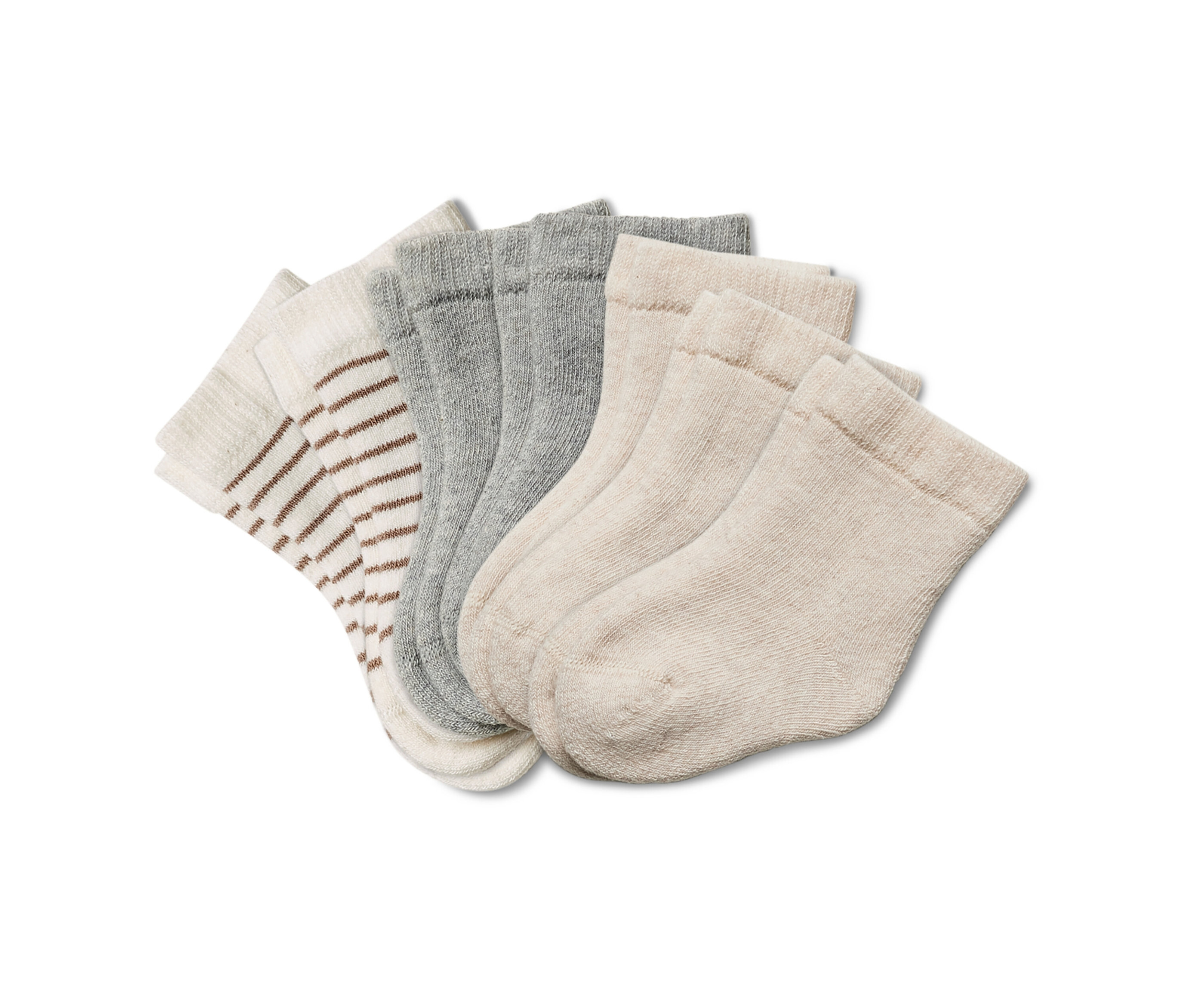 Detailansicht von sieben Paar Baby-Frottier-Socken in verschiedenen Farben.