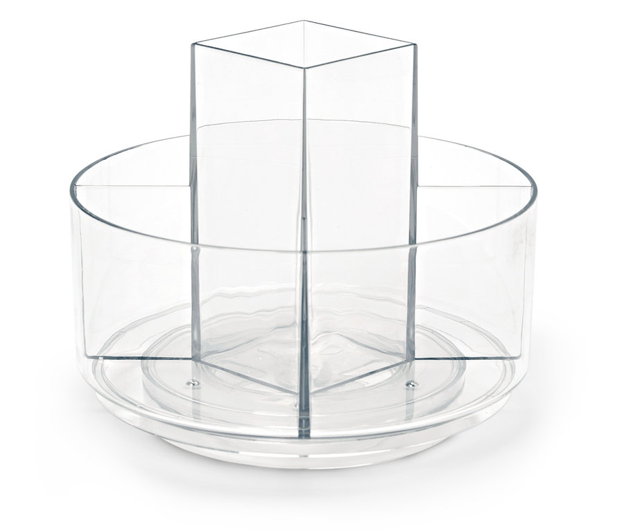 Durchsichtiger, drehbarer Organizer mit mehreren Fächern.