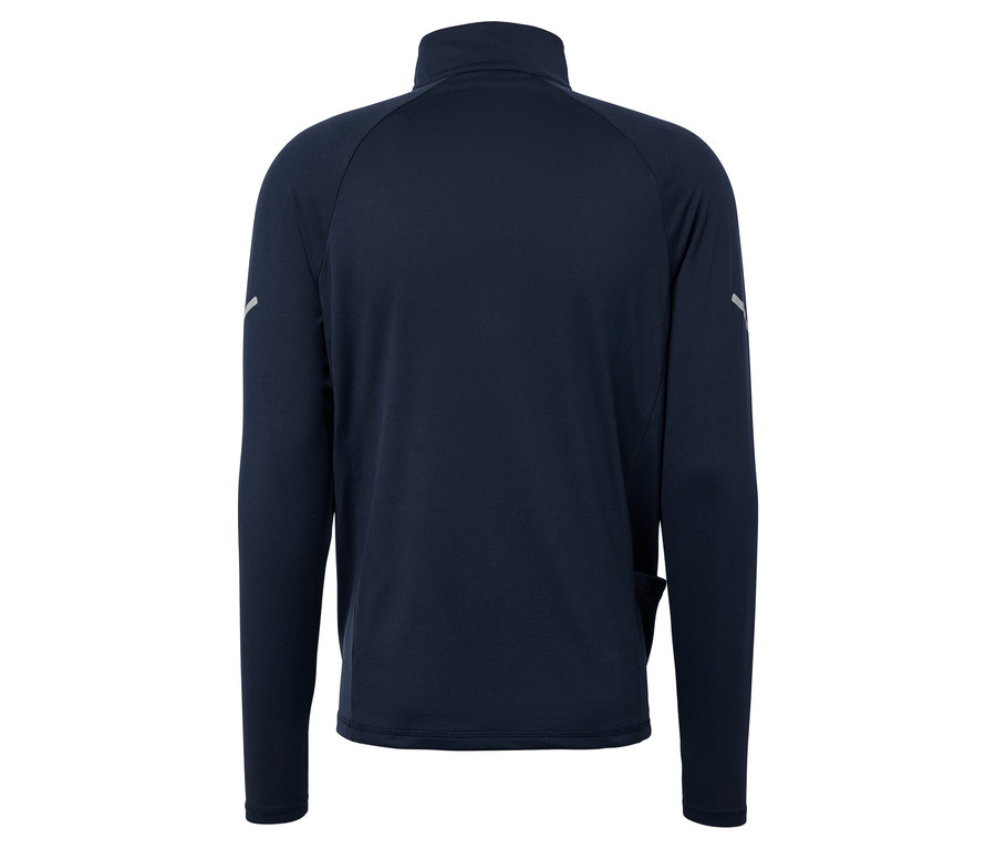 Rückansicht einer dunkelblauen Langarmjacke.