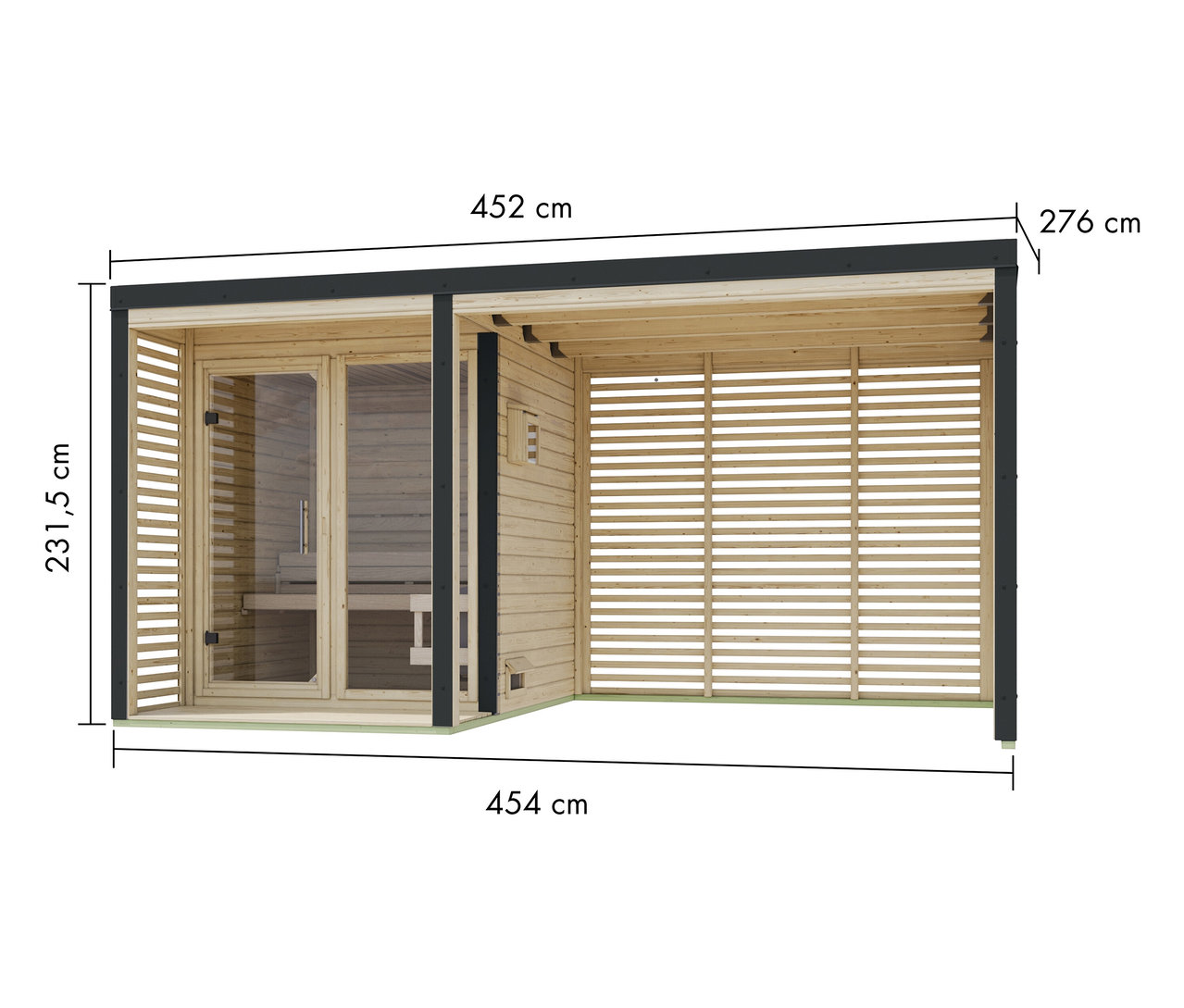 Abmessungen einer Holzsauna mit Tür und Bänken.