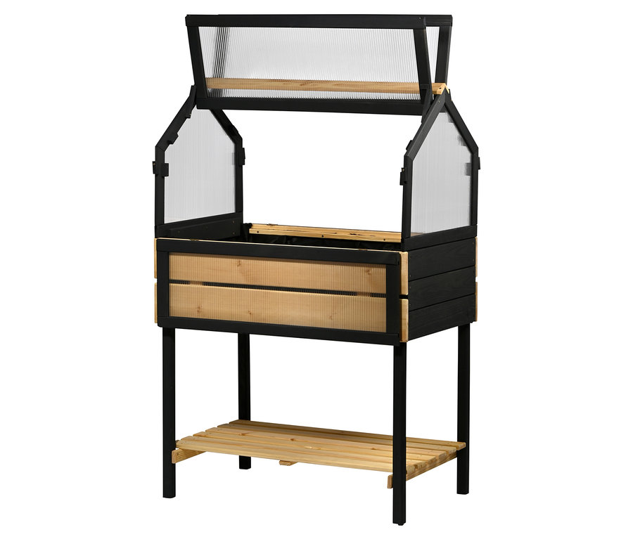 Freistehendes, offenes 4-Jahreszeiten-Hochbeet, L, mit schwarzem Rahmen, Holzverkleidung und durchscheinenden Paneelen.