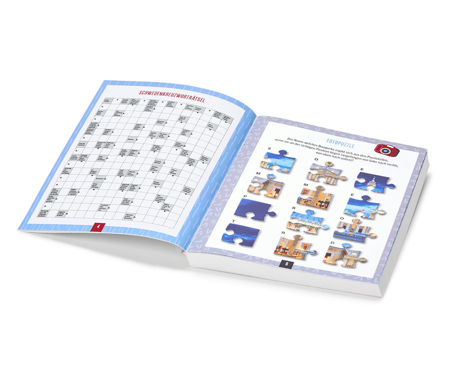 Aufgeschlagenes Buch mit Kreuzworträtsel links und Fotopuzzle rechts.