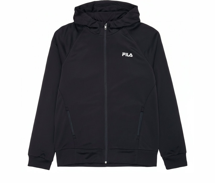 Schwarze FILA Herren-Funktions-Sweatjacke mit Kapuze und Reißverschluss. Das FILA-Logo ist auf der Brust.