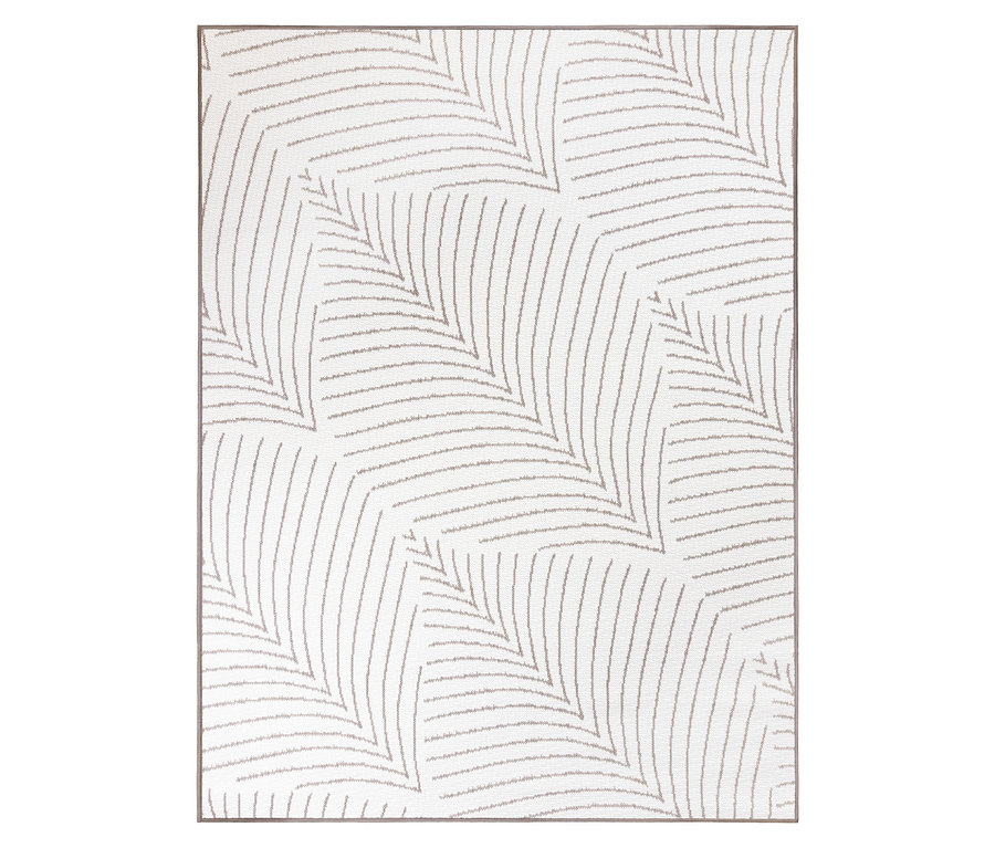 Ein rechteckiger Teppich mit einem Muster aus sich wiederholenden, stilisierten Blättern in Grau auf einem weißen Hintergrund.