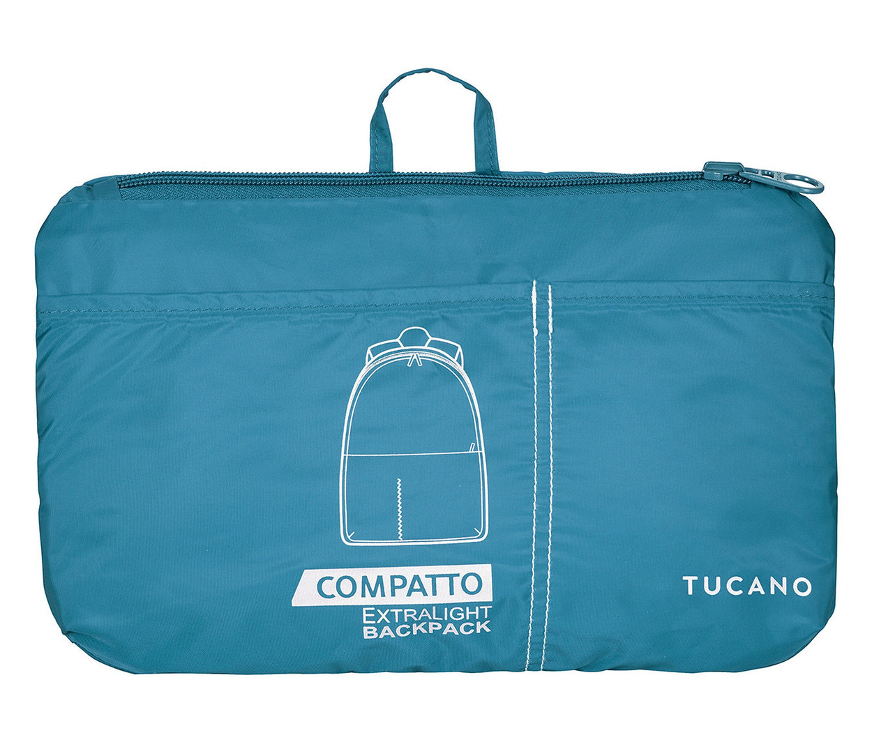 Der petrolfarbene Tucano Rucksack »Compatto Eco« ist flach zusammengefaltet und mit einem Reißverschluss verschlossen.
