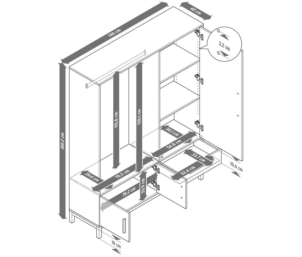 Abmessungen des Garderobenschranks »Eklund« mit geöffneten Türen und Schubladen.