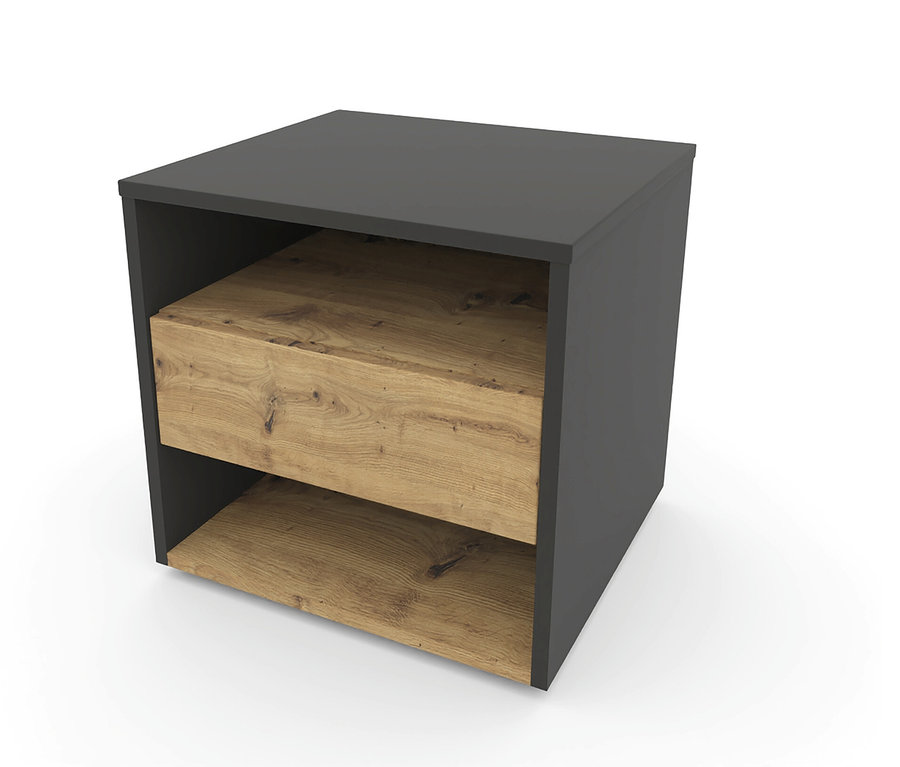 Der Roba Nachttisch »Marvin« in Grau und Holzoptik ist freistehend.