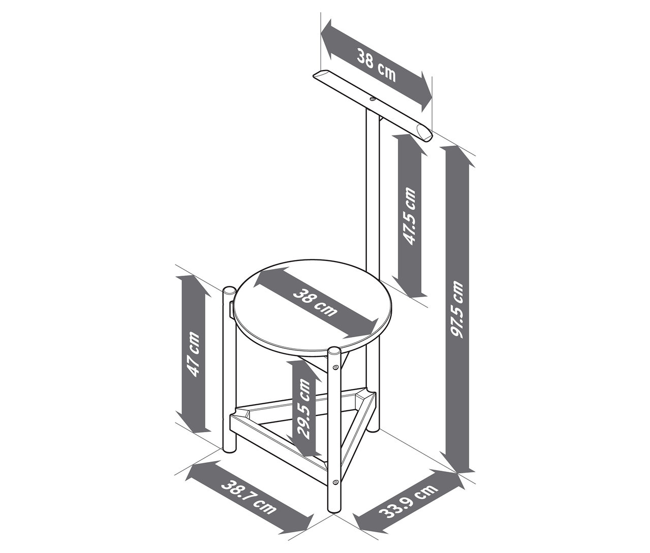 Skizze eines stummen Dieners mit Hocker aus Massivholz mit Maßangaben.