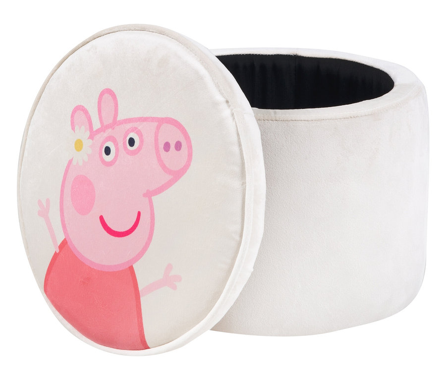 Ein offener, runder, cremefarbener Hocker mit einem Bild von Peppa Pig auf dem Deckel.