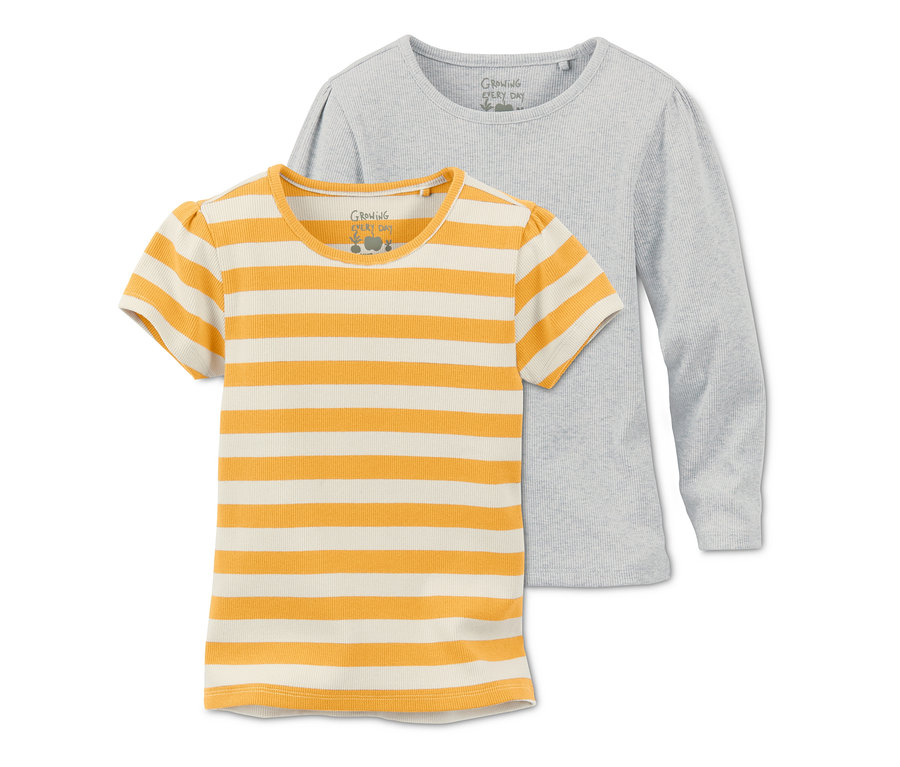 Zwei Rippenshirts: ein gelb-weiss gestreiftes und ein graues Langarmshirt.