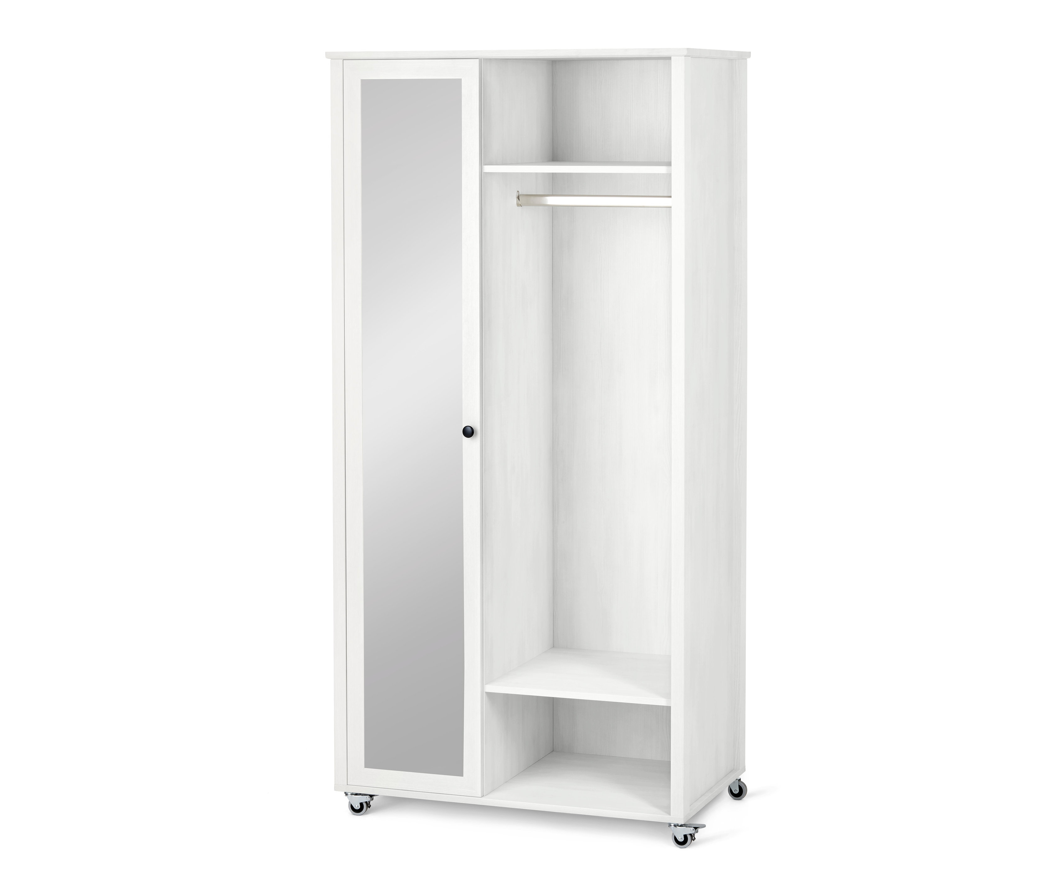 Weißer Garderobenschrank mit Spiegeltür.