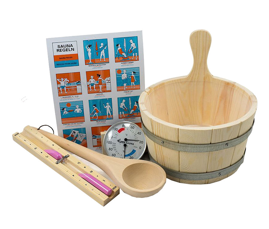 Sauna-Zubehör: Holzeimer, Schöpfkelle, Thermometer, Sanduhr und Saunaregeln. Karibu Sauna-Zubehörpaket »Classic«