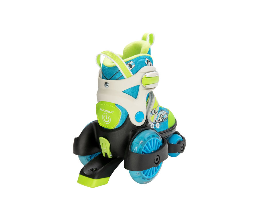 Ein blau-grüner HUDORA Rollschuh »My First Squad« LED auf einem weißen Hintergrund.