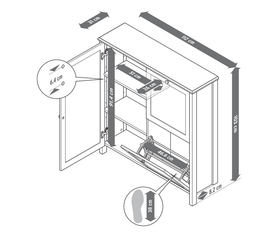 Offener Schuhschrank mit Kippern und Abmessungen.