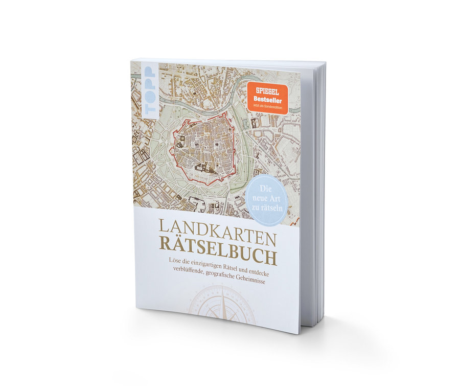 Buch »Landkarten Rätselbuch« liegt auf einem weißen Hintergrund.