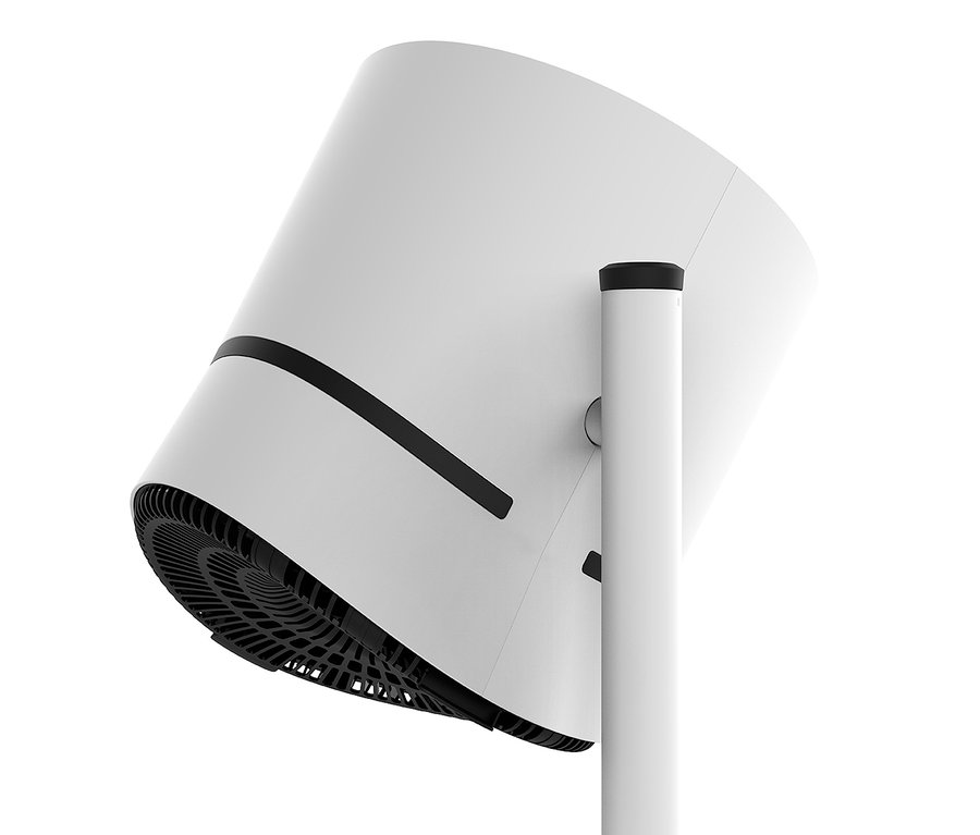 Nahaufnahme des weißen Boneco Air-Shower-Ventilators mit schwarzen Akzenten vor einem weißen Hintergrund.