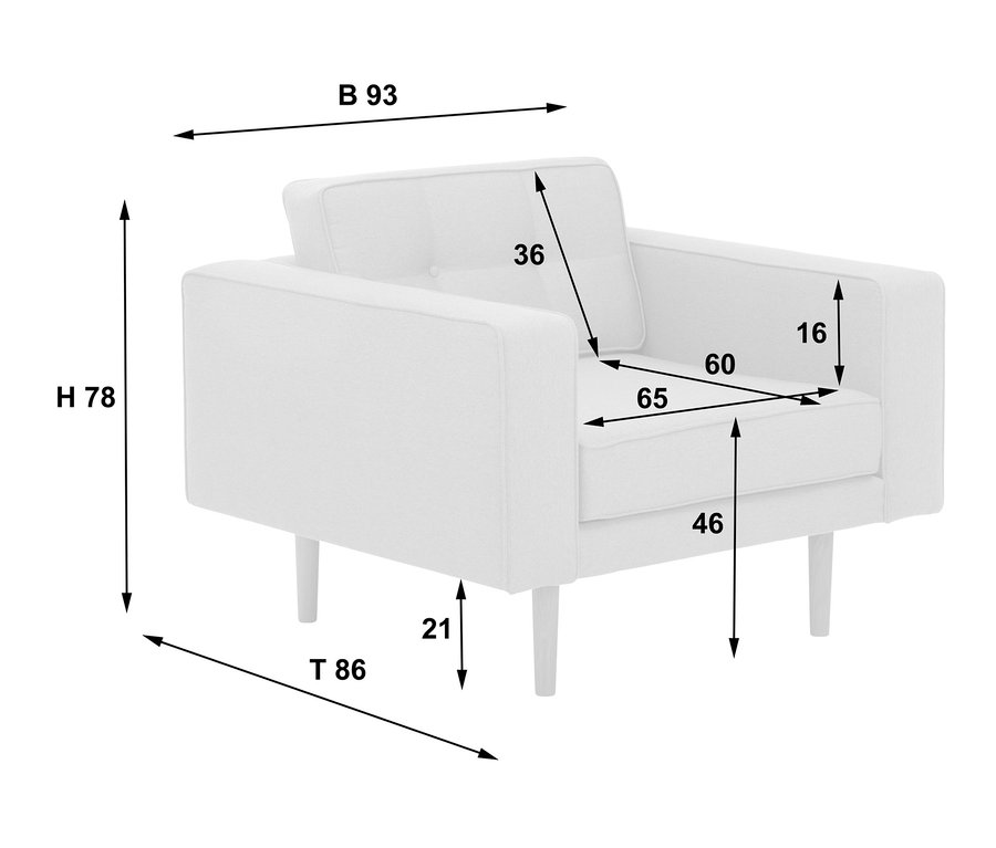 Abmessungen von grünem Sessel »Jules« werden mit Pfeilen dargestellt.