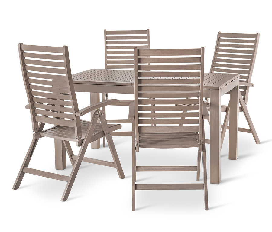 Vier Hochlehner »Leira« mit verstellbarer Rückenlehne um einen Ausziehtisch »Leira«, mit Sonnenschirm-Aussparung.