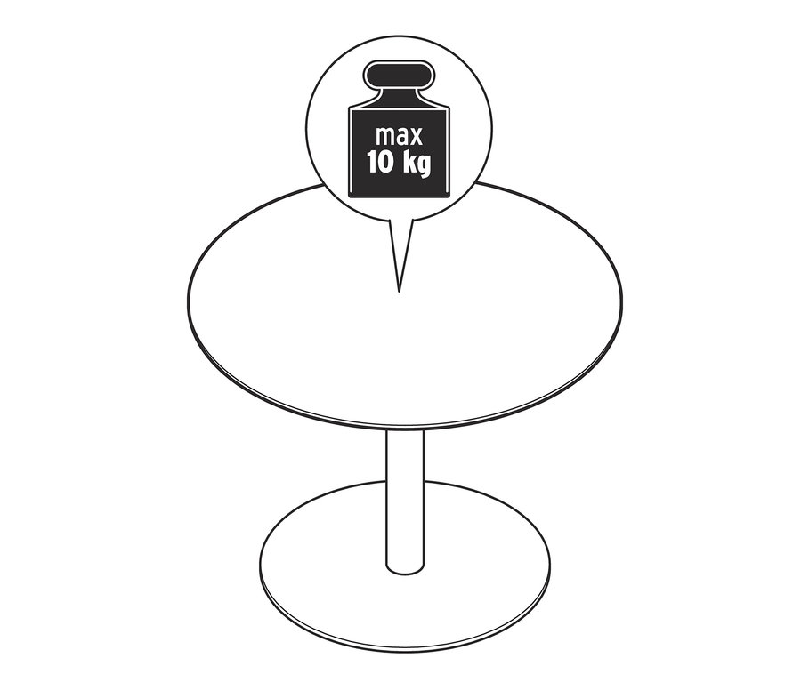 Skizze eines runden Couchtisches in Salbeifarbe mit einer maximalen Traglast von 10 kg.