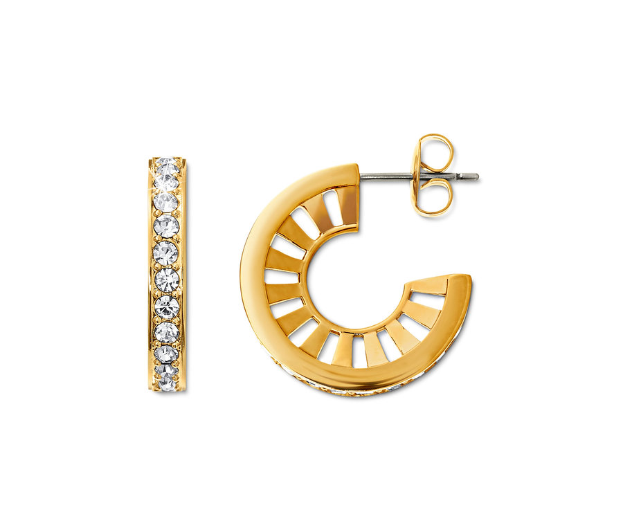 Zwei goldene Creolen mit Glaskristallen.