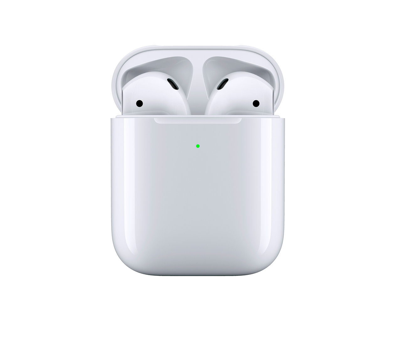 Weißes Ladecase mit einem Paar Apple AirPods 2. Generation darin.