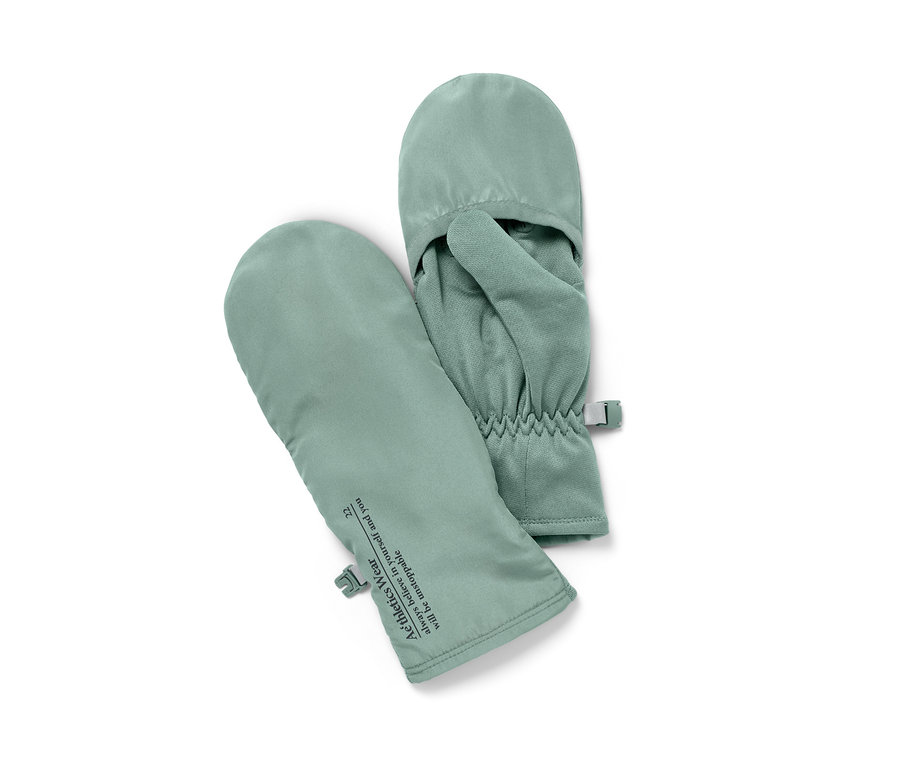 Zwei hellgrüne Klapp-Laufhandschuhe liegen nebeneinander.