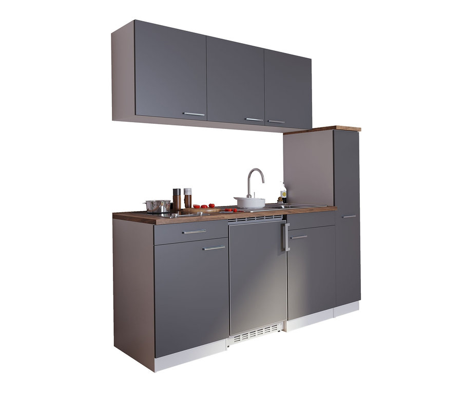 Respekta Economy Küchenblock, ca. 180 cm, grau mit Schränken und Geräten.