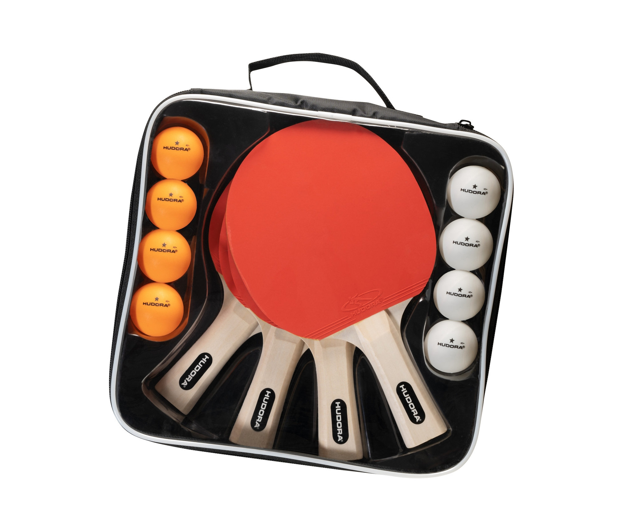Offene schwarze Tasche mit HUDORA Tischtennisschlägern, orangefarbenen und weißen Bällen.