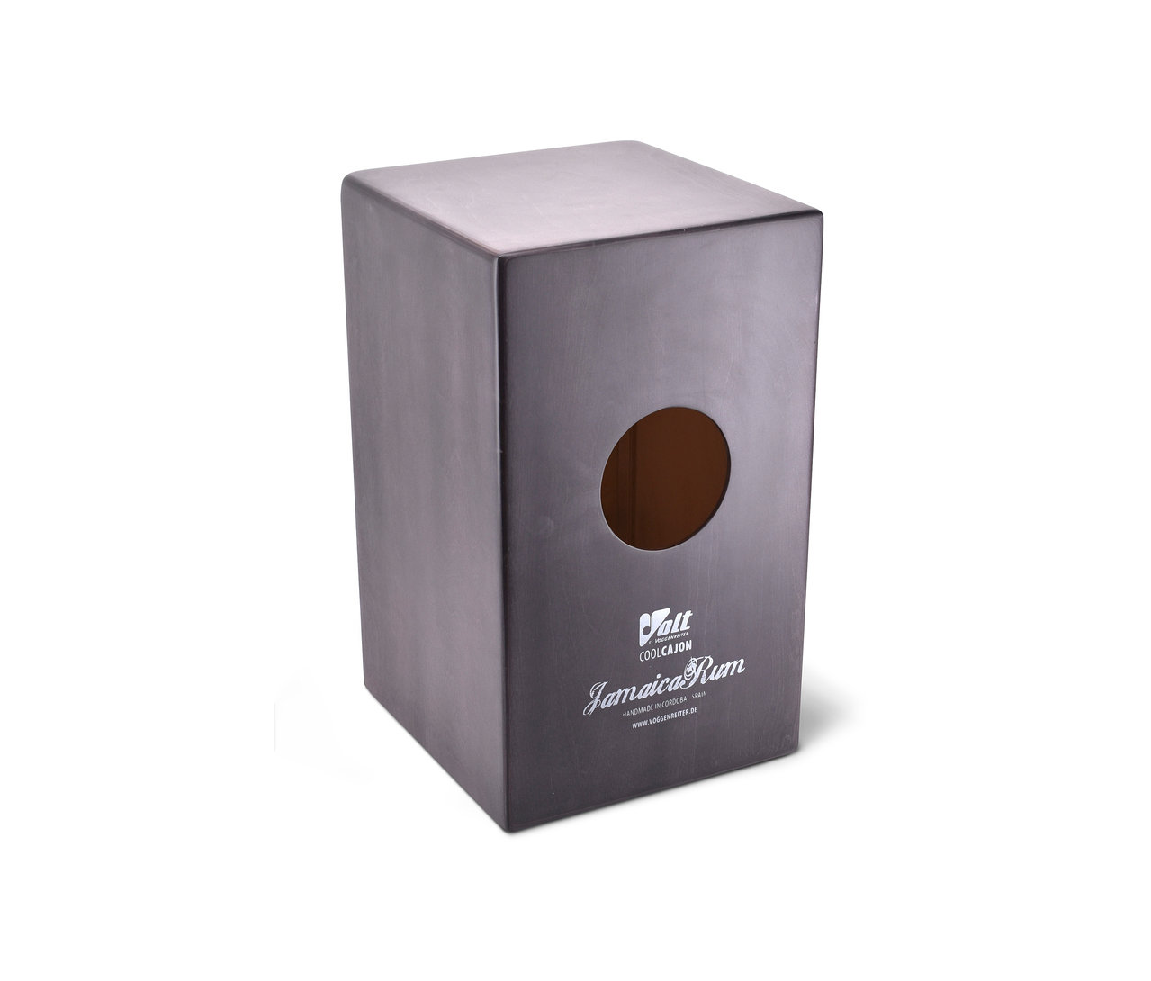 Ein grauer Voggenreiter VOLT Cool Cajon »Jamaica Rum« steht auf einem weißen Hintergrund.